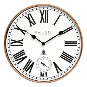 HARRIS & CO. CLOCKMASTERS Premium Metal Analog Wall Clock with Sub-Second Dial (12 Inch) (Rosegold, with HD Clear Curved Glass)(Silent Sweep Movement Technology)(Fleet Street in Rose)